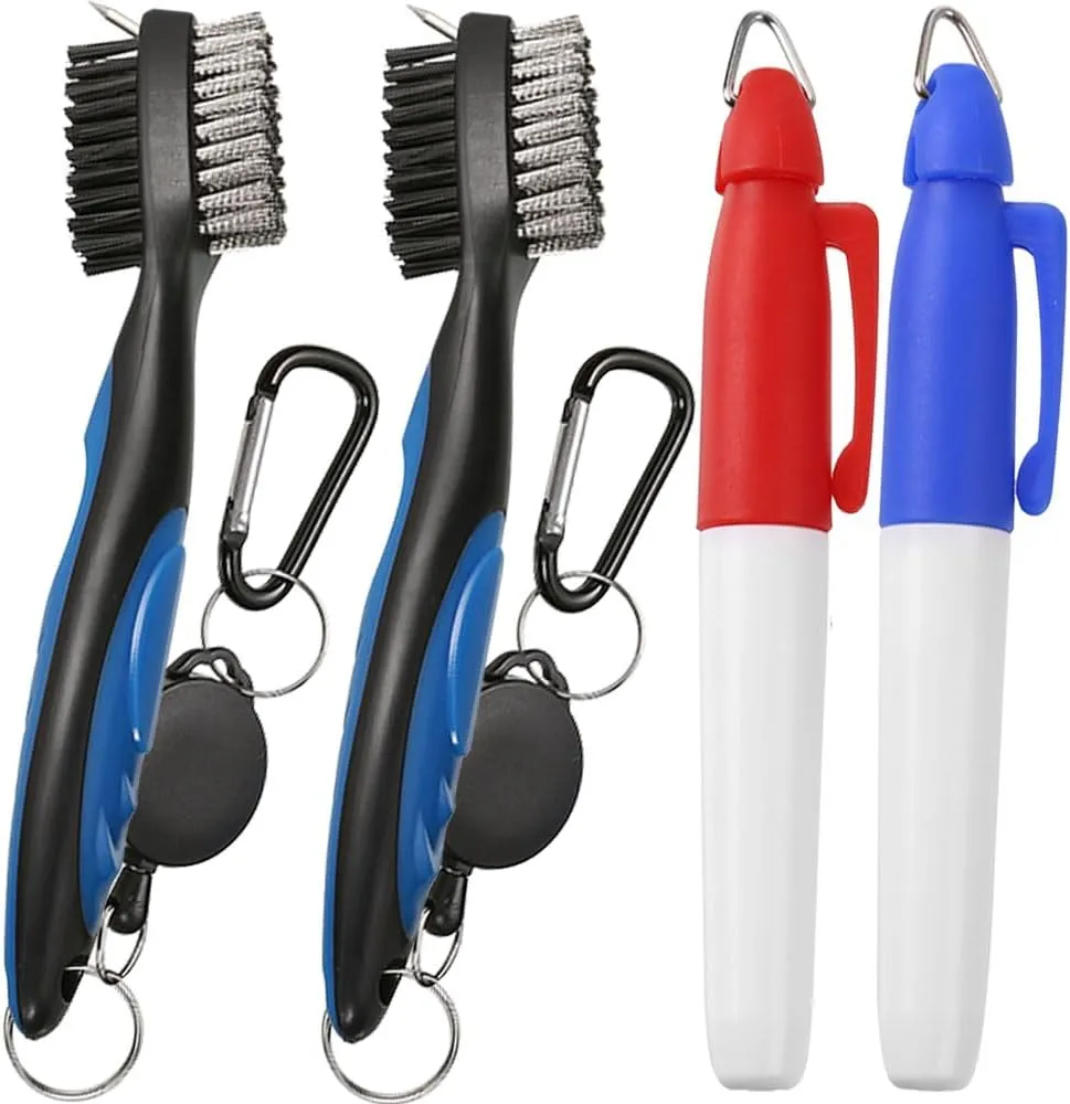 2PCS Golf Club Brush Groove Cleaner with 2 Ft Retractable Zip-line and Aluminum Carabiner Cleaning Tools