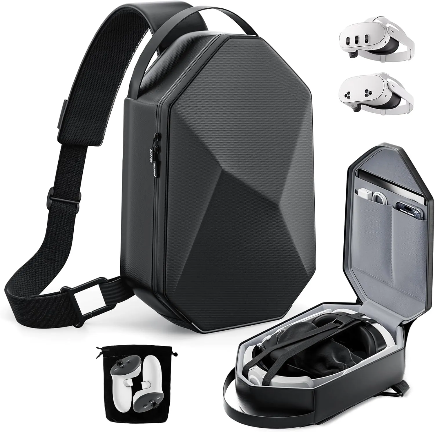 annapro Carrying Case for Meta Quest 3S/Quest 3/Quest 2/Vision Pro, Hard Travel Case Compatible with Kiwi Design/BOBOVR Elite Battery Strap and Controllers Accessories, Crossbody Shoulder Backpack