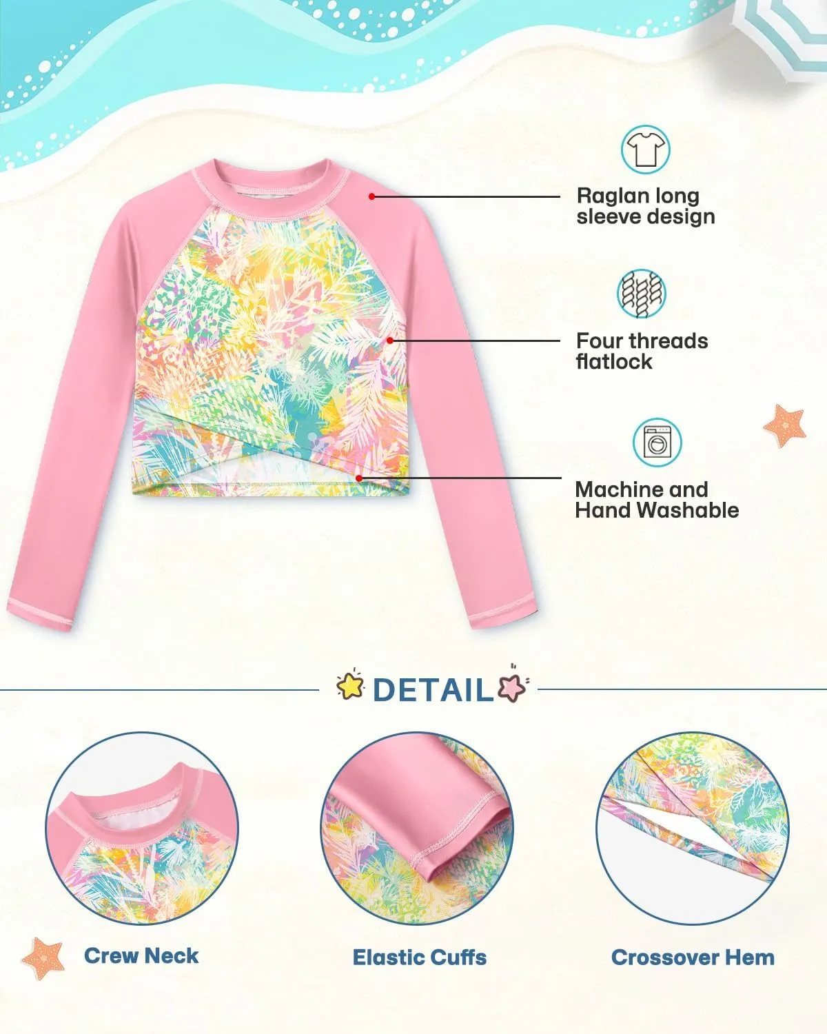 BesserBay Girls UPF 50  Long Sleeve Mock Neck Crossover Hem Swim Crop Top 4-12 Years