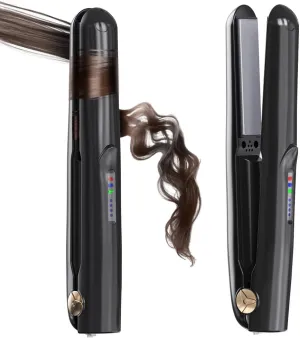 Cordless Hair Straightener and Curler 2 in 1 Ceramic Flat Iron Mini Cordless Portable Travel Hot Tools Straight Curl for Women Men USB Rechargeable with Pouch (Black)