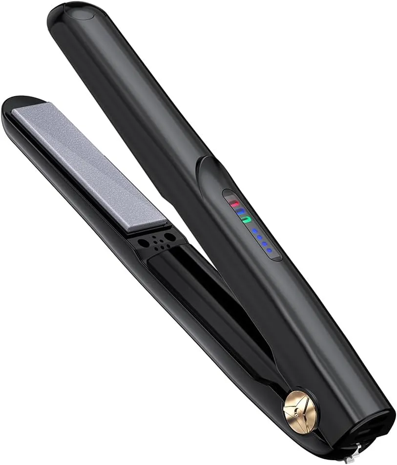 Cordless Hair Straightener and Curler 2 in 1 Ceramic Flat Iron Mini Cordless Portable Travel Hot Tools Straight Curl for Women Men USB Rechargeable with Pouch(Black)