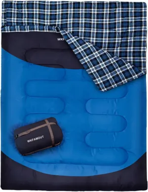 Cotton Flannel Double Sleeping Bag for Adults Machine Washable 2 Person Camping Sleeping Bag Queen Size Waterproof with Compression Sack for Cold Weather 3-4 Seasons