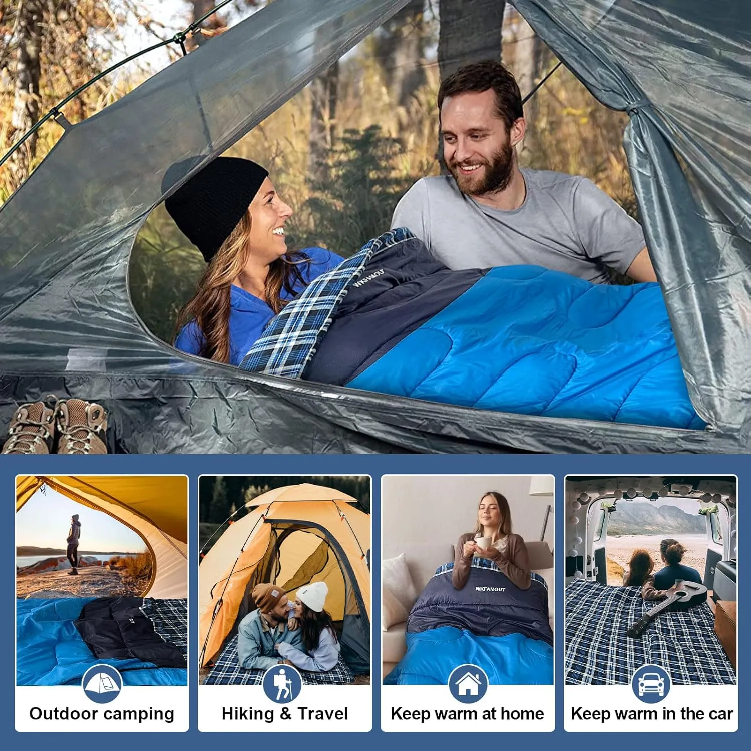 Cotton Flannel Double Sleeping Bag for Adults Machine Washable 2 Person Camping Sleeping Bag Queen Size Waterproof with Compression Sack for Cold Weather 3-4 Seasons