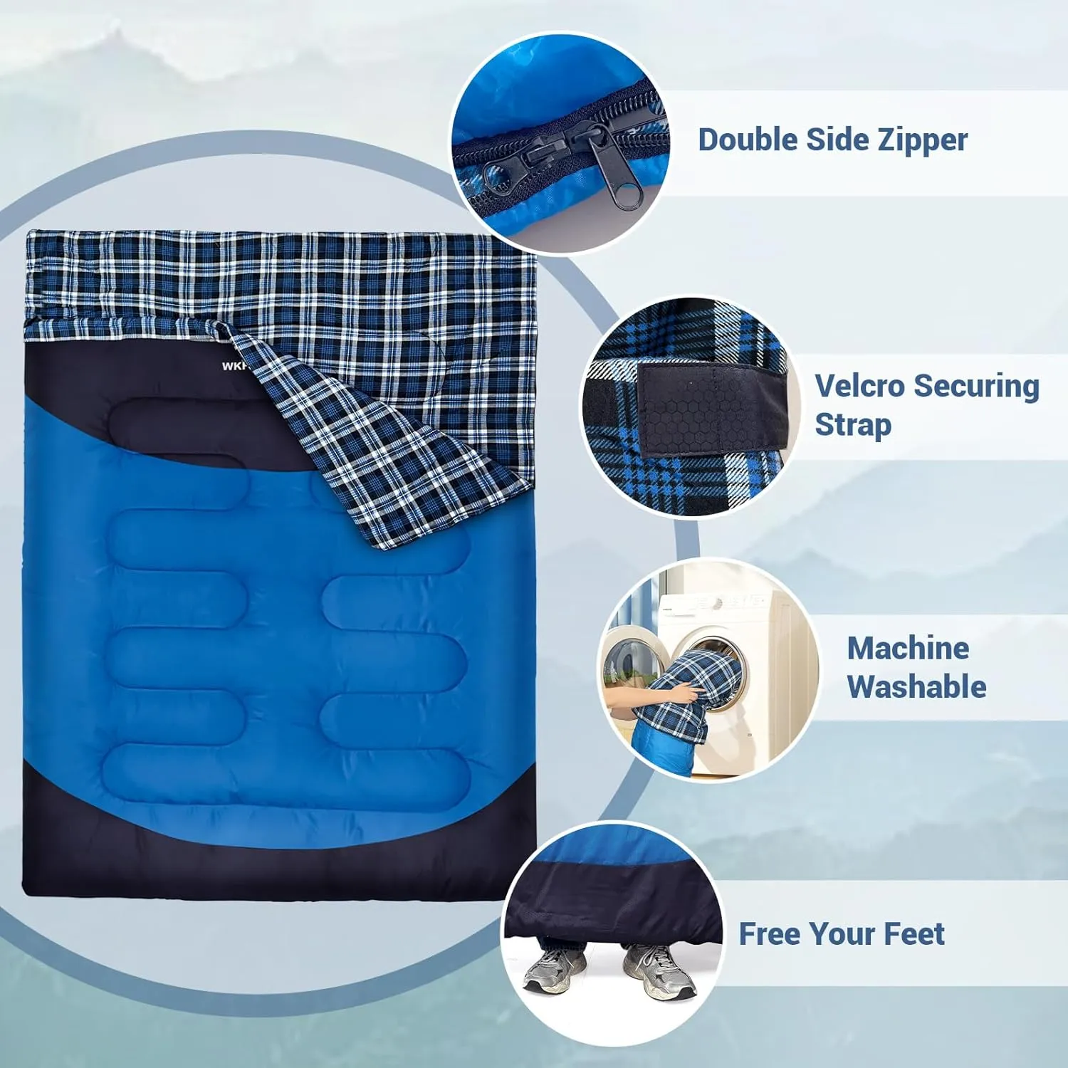Cotton Flannel Double Sleeping Bag for Adults Machine Washable 2 Person Camping Sleeping Bag Queen Size Waterproof with Compression Sack for Cold Weather 3-4 Seasons