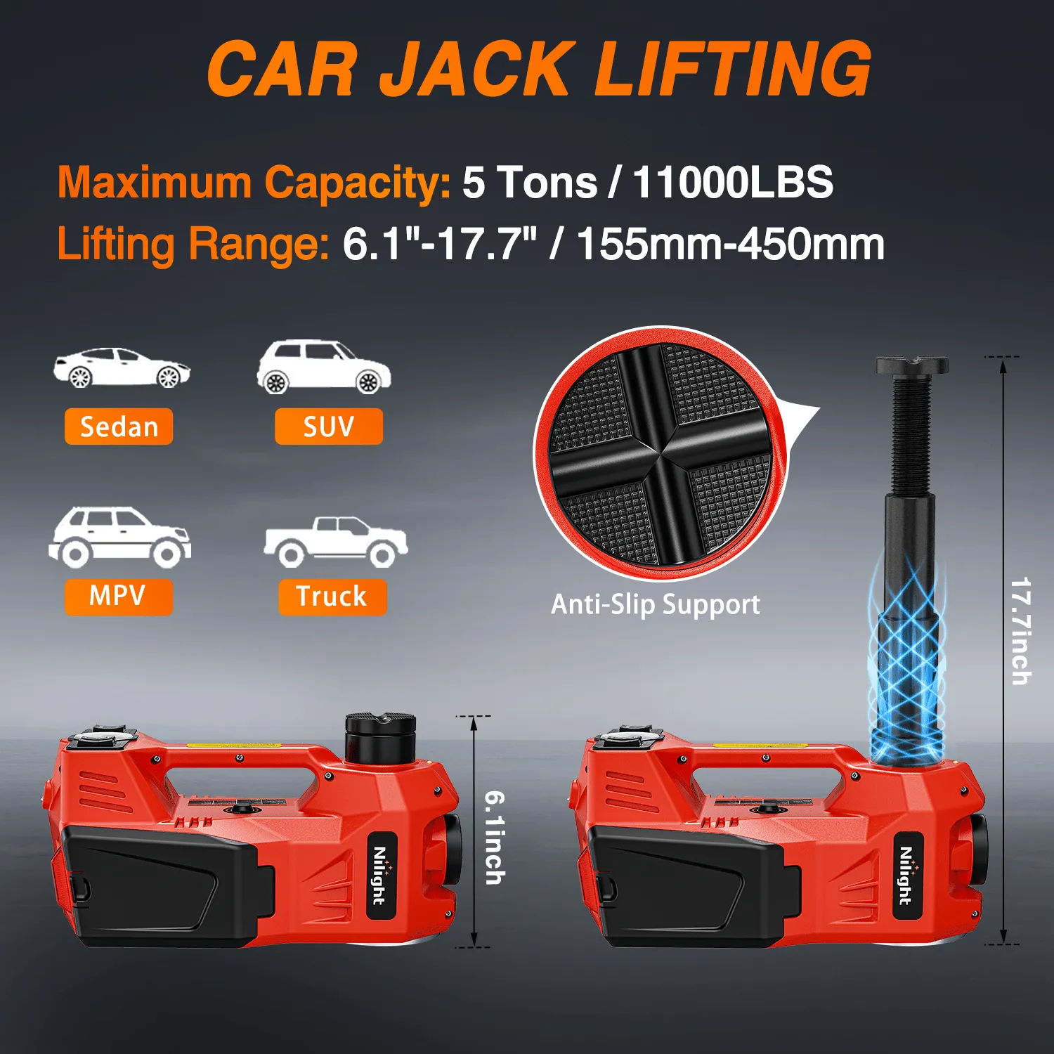 Electric Car Jack 5 Ton 12V Hydraulic with Inflatable Pump Impact Wrench LED Light 3 in 1 Portable Floor Jack for Tire Change
