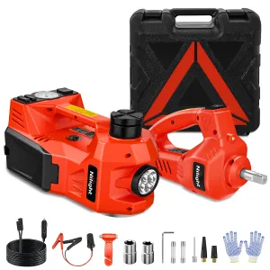 Electric Car Jack 5 Ton 12V Hydraulic with Inflatable Pump Impact Wrench LED Light 3 in 1 Portable Floor Jack for Tire Change