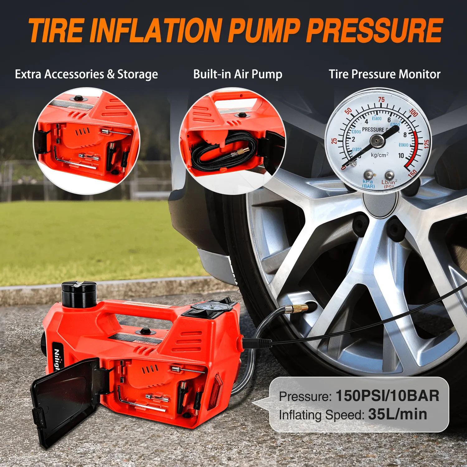 Electric Car Jack 5 Ton 12V Hydraulic with Inflatable Pump Impact Wrench LED Light 3 in 1 Portable Floor Jack for Tire Change