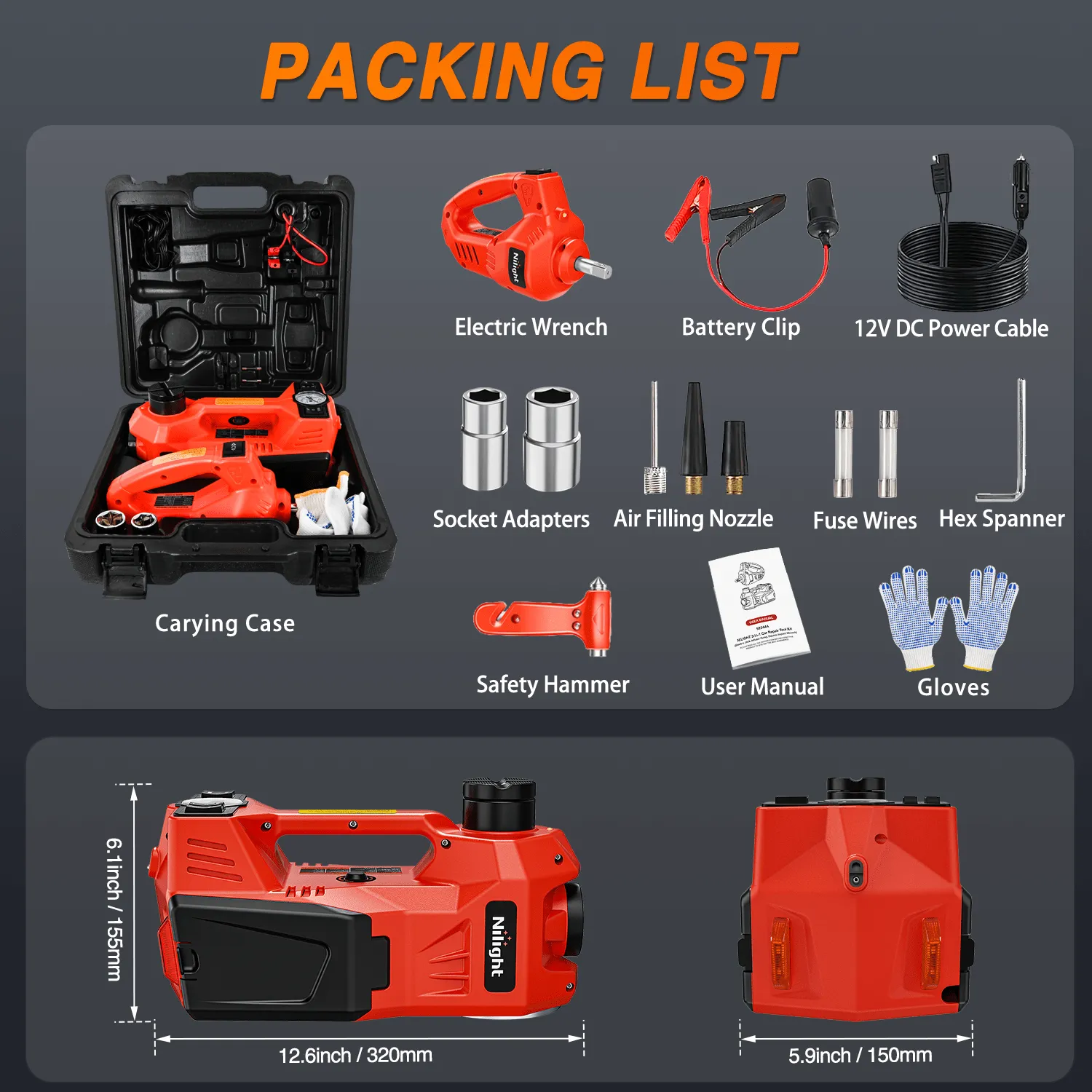 Electric Car Jack 5 Ton 12V Hydraulic with Inflatable Pump Impact Wrench LED Light 3 in 1 Portable Floor Jack for Tire Change