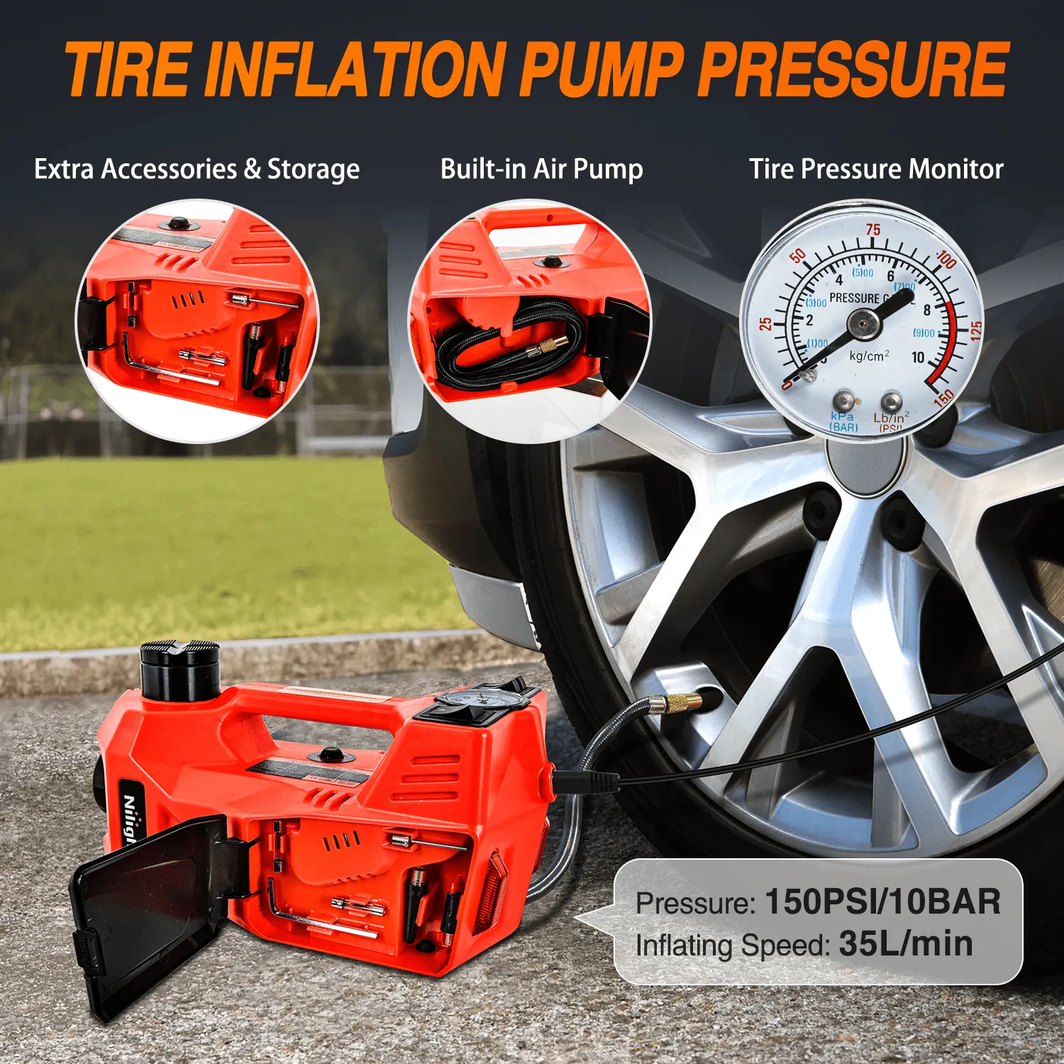 Electric Car Jack 5 Ton 12V Hydraulic with Inflatable Pump LED Light 3 in 1 Portable Floor Jack for Tire Change