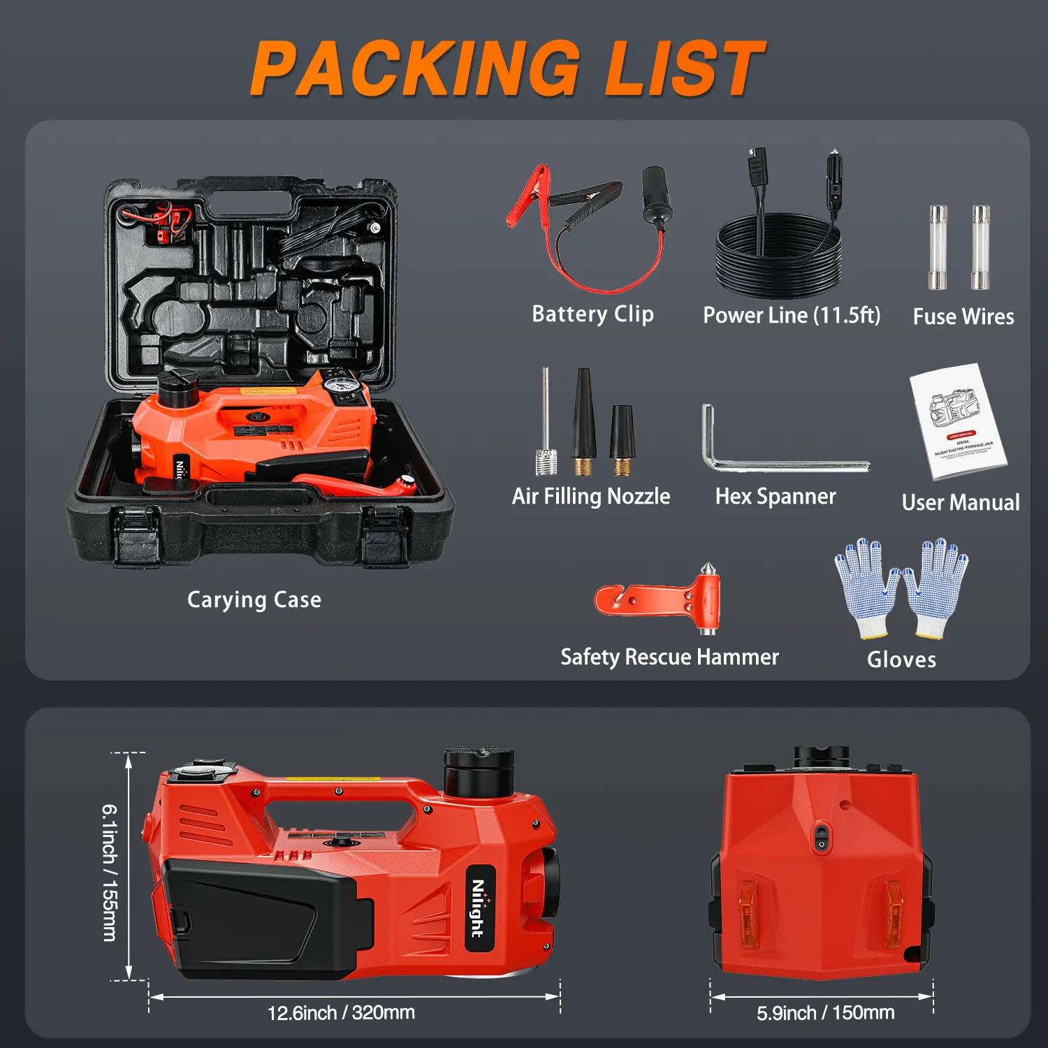 Electric Car Jack 5 Ton 12V Hydraulic with Inflatable Pump LED Light 3 in 1 Portable Floor Jack for Tire Change