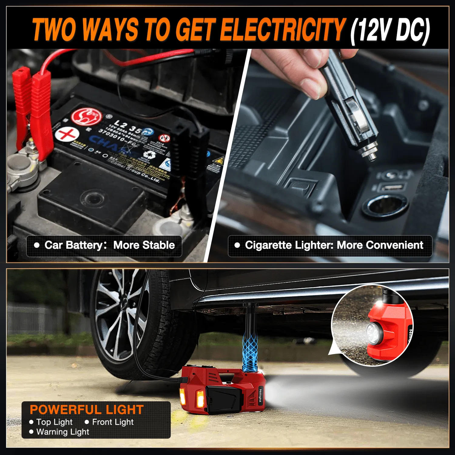 Electric Car Jack 5 Ton 12V Hydraulic with Inflatable Pump LED Light 3 in 1 Portable Floor Jack for Tire Change