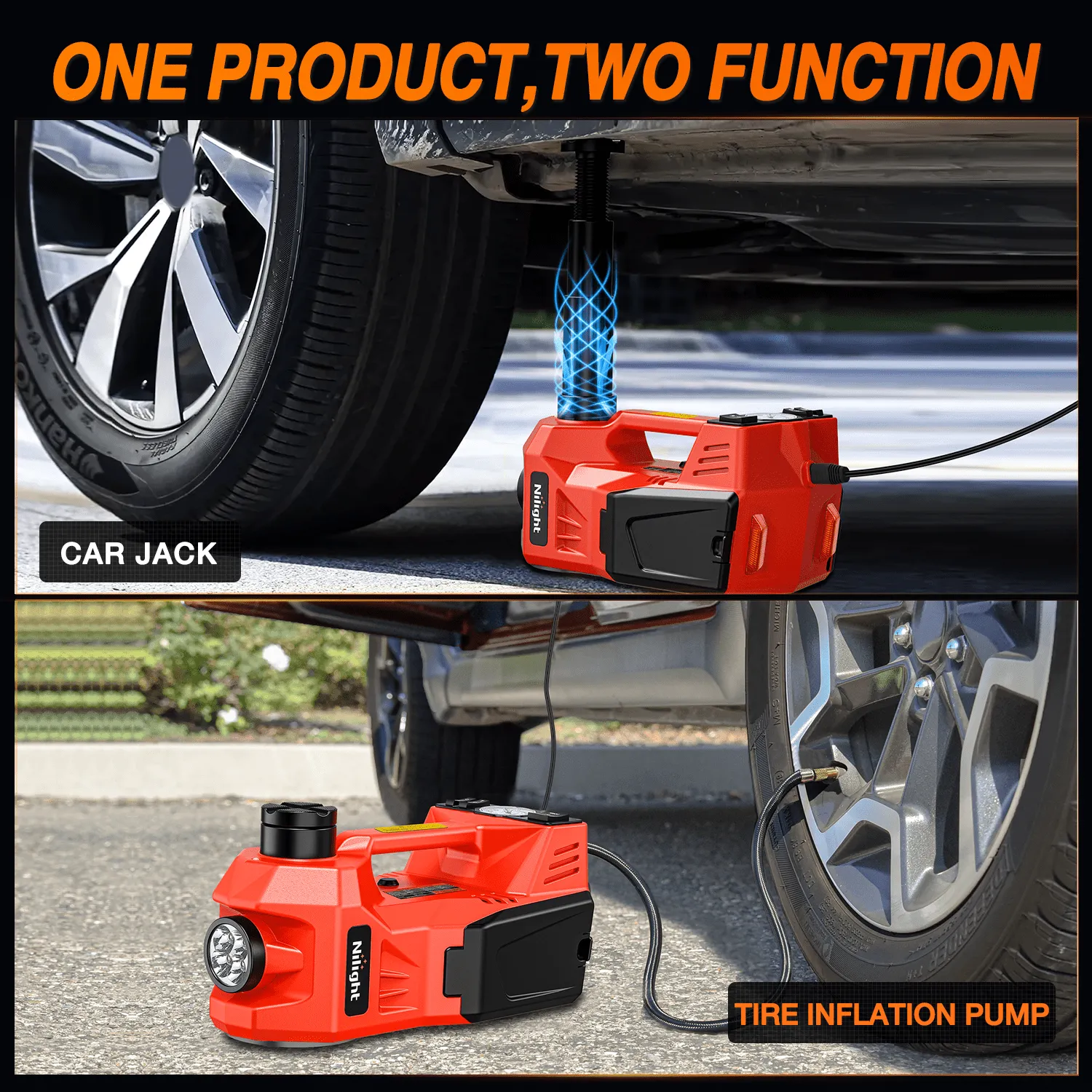 Electric Car Jack 5 Ton 12V Hydraulic with Inflatable Pump LED Light 3 in 1 Portable Floor Jack for Tire Change