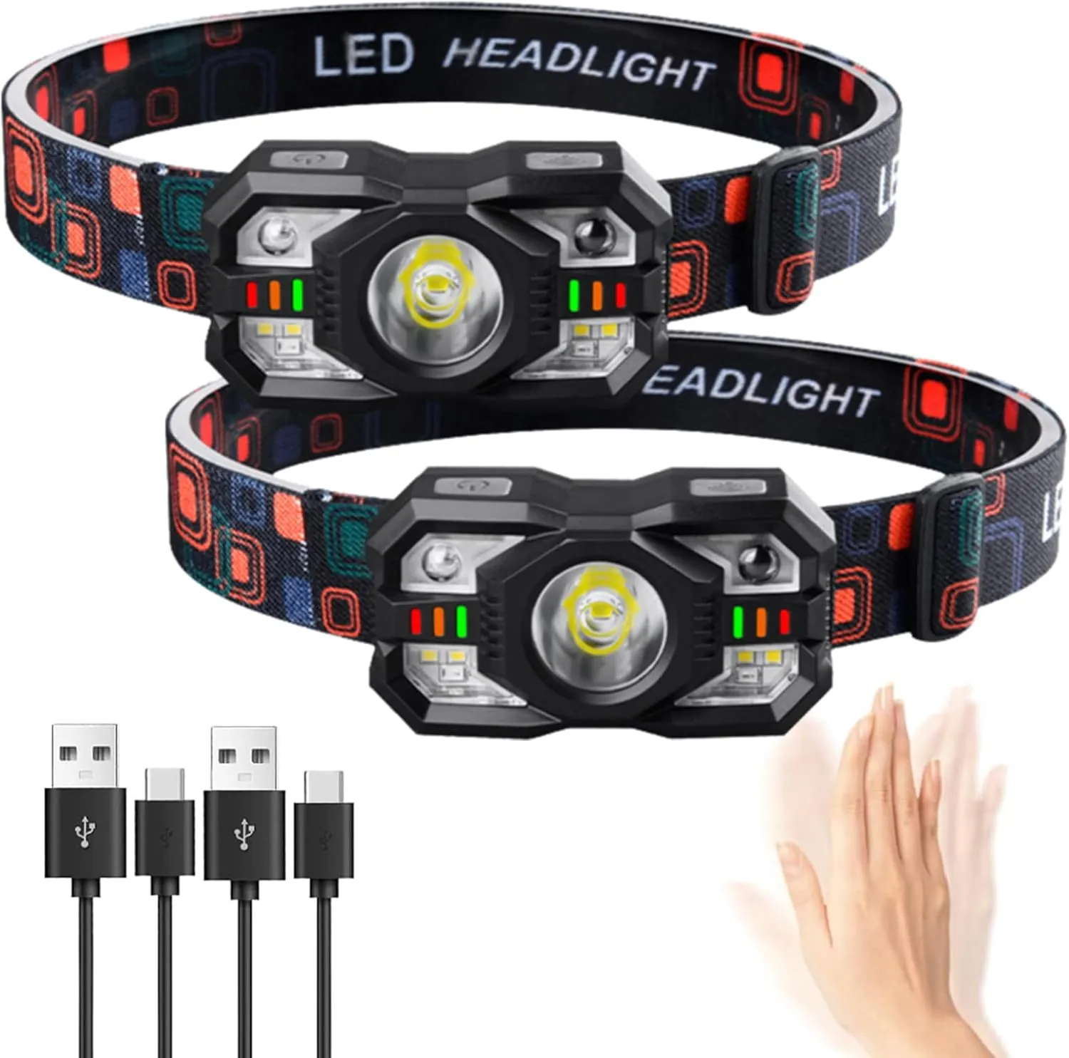 Headlamp Rechargeable 2-Pack, LED Lightweight Adult headlamps1000 Lumen Headlight Headwith Red LED Headlight Motion SensorHead Lights for Forehead Running Outdoor Cycling Camping Fishing
