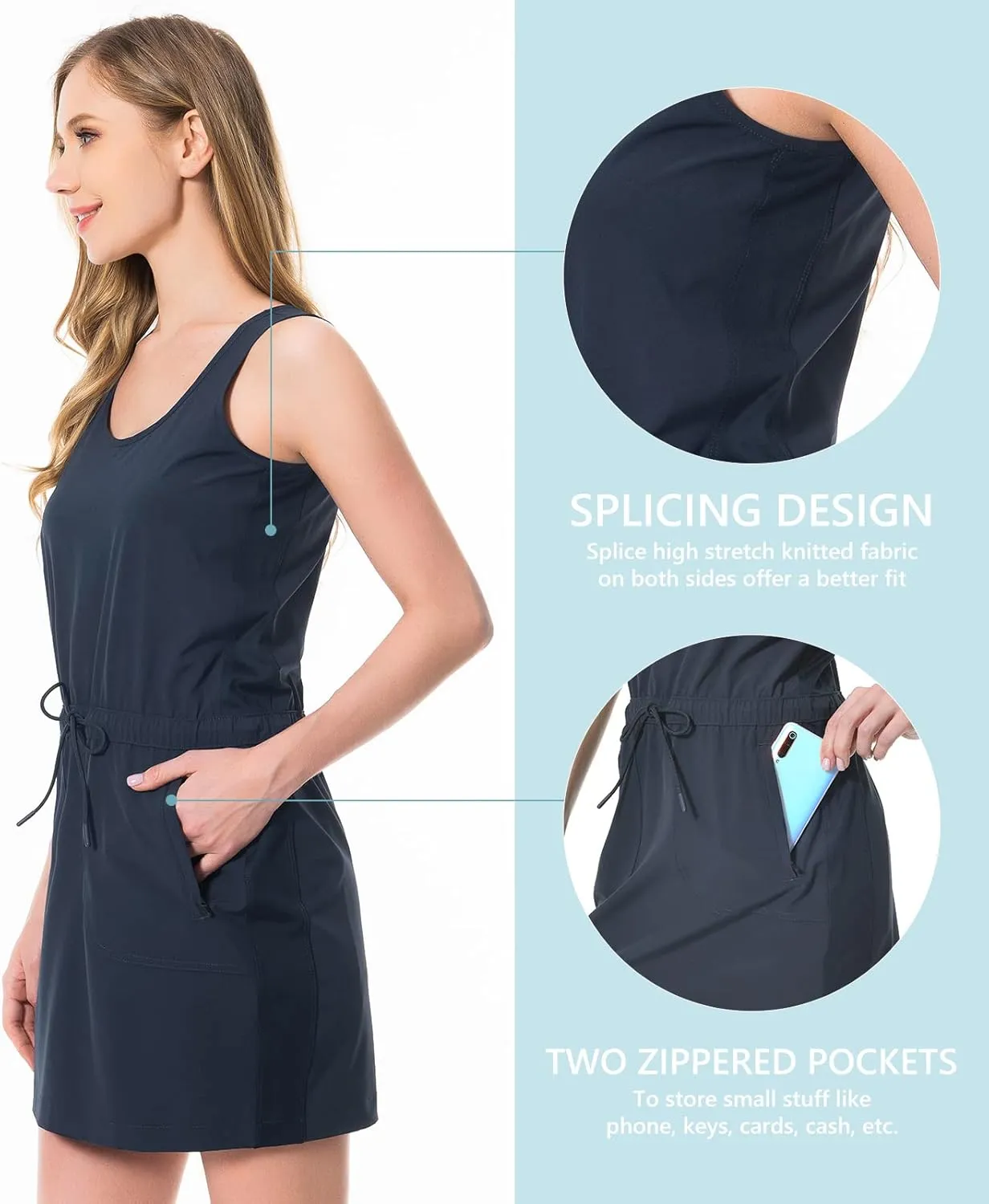 Lightbare Womens UPF 50  Tank Dress with Pockets Detachable Shorts Drawstring Waist Quick Dry for Hiking Camping Outdoors
