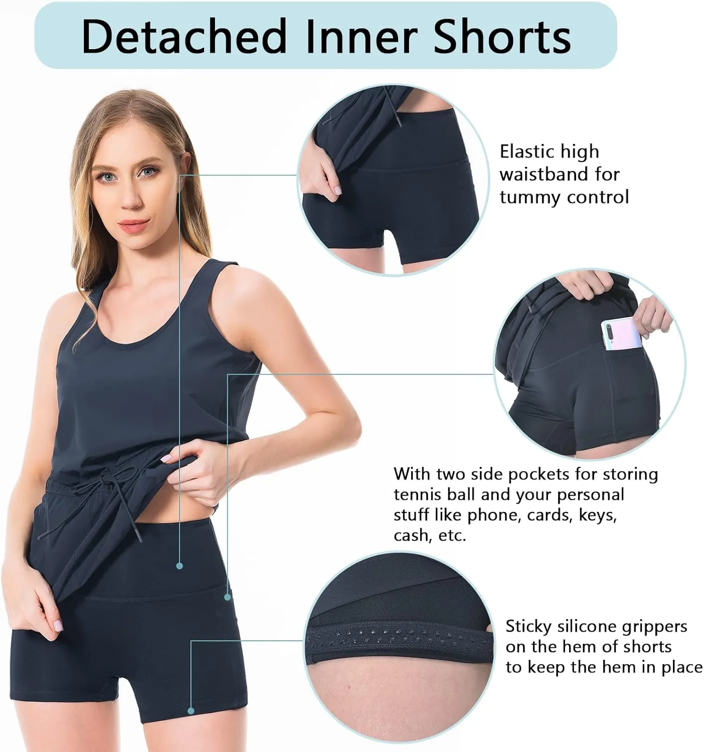 Lightbare Womens UPF 50  Tank Dress with Pockets Detachable Shorts Drawstring Waist Quick Dry for Hiking Camping Outdoors