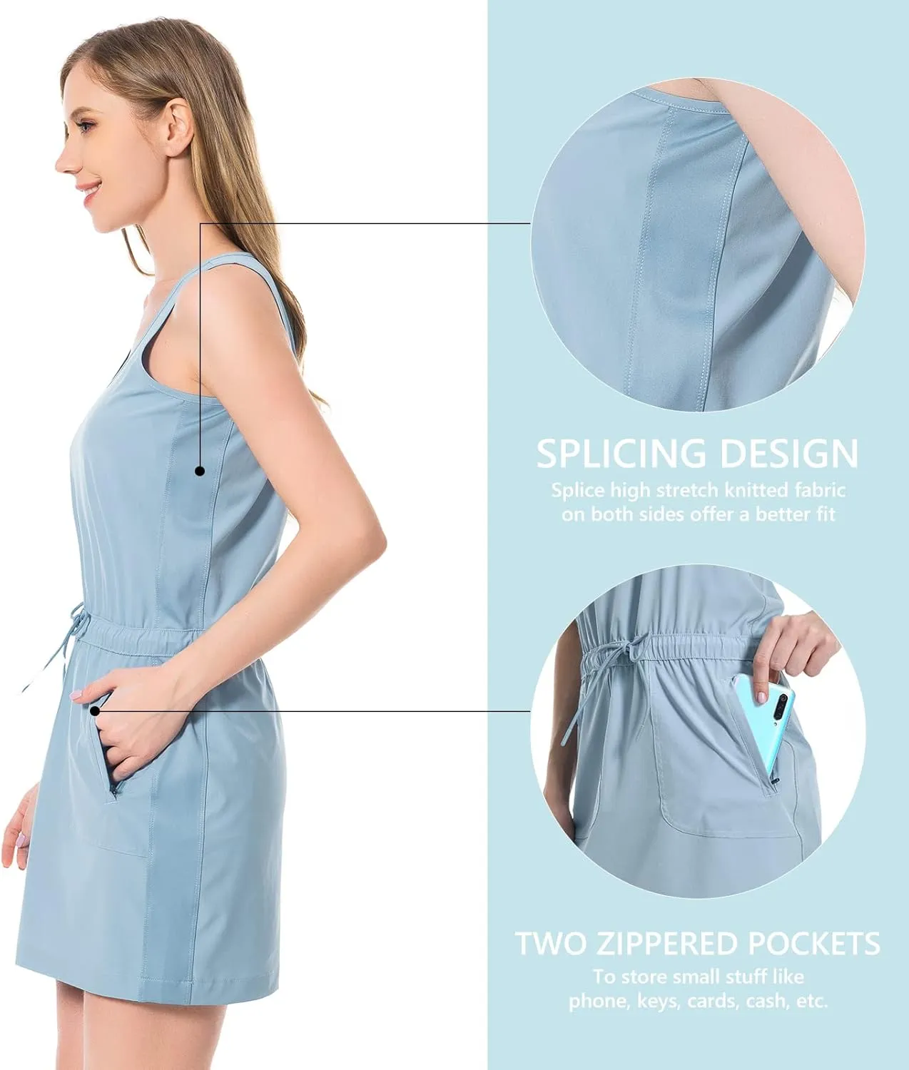 Lightbare Womens UPF 50  Tank Dress with Pockets Detachable Shorts Drawstring Waist Quick Dry for Hiking Camping Outdoors