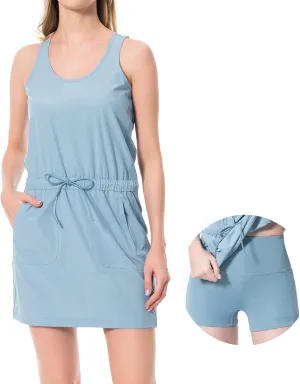 Lightbare Womens UPF 50  Tank Dress with Pockets Detachable Shorts Drawstring Waist Quick Dry for Hiking Camping Outdoors