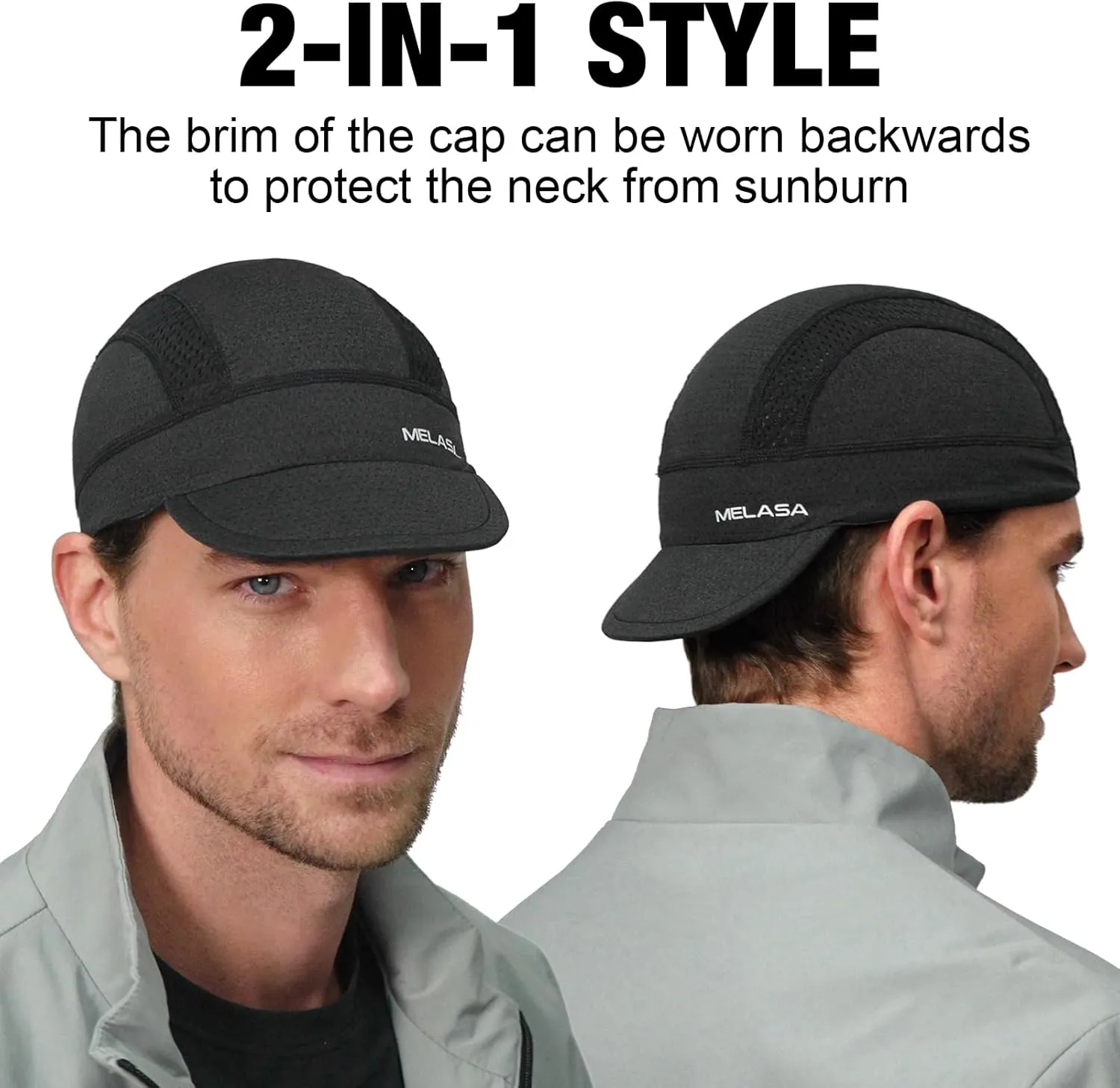 MELASA Cycling Cap, Cooling Skull Cap Helmet Liner with Sun Visor, Sun Protection Running Bike Cap for Men Women Under Helmet