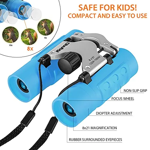 Obuby Real Binoculars for Kids Gifts for 3-12 Years Boys Girls 8x21 High-Resolution Optics Mini Compact Binocular Toys Shockproof Folding Small Telescope for Bird Watching,Travel, Camping, Sky Blue