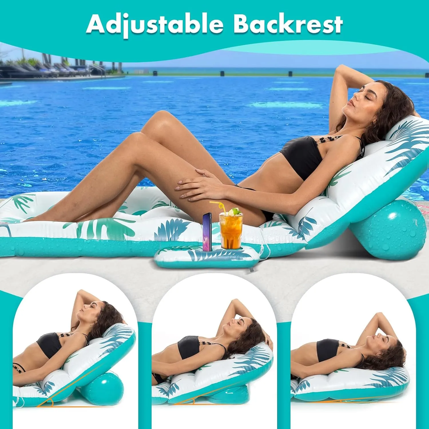 Pool Floats Adult Heavy Duty Inflatable Pool Lounger with Adjustable Backrest Cup Holder Floating Pool Tanning Rafts Water Floaty Lounge Lake Beach Party Games