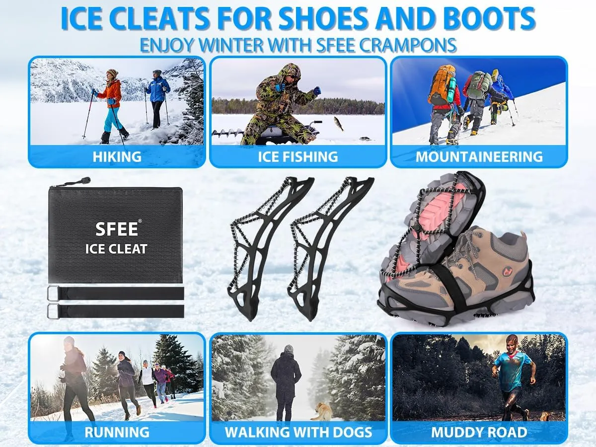 Sfee Ice Cleats for Walking on Ice Snow Grips Crampons Traction for Shoes/Boots, Anti-Slip Portable Flexible Footwear for Walking Climbing Hiking Fishing Outdoor Running with 2 Adjustable Straps