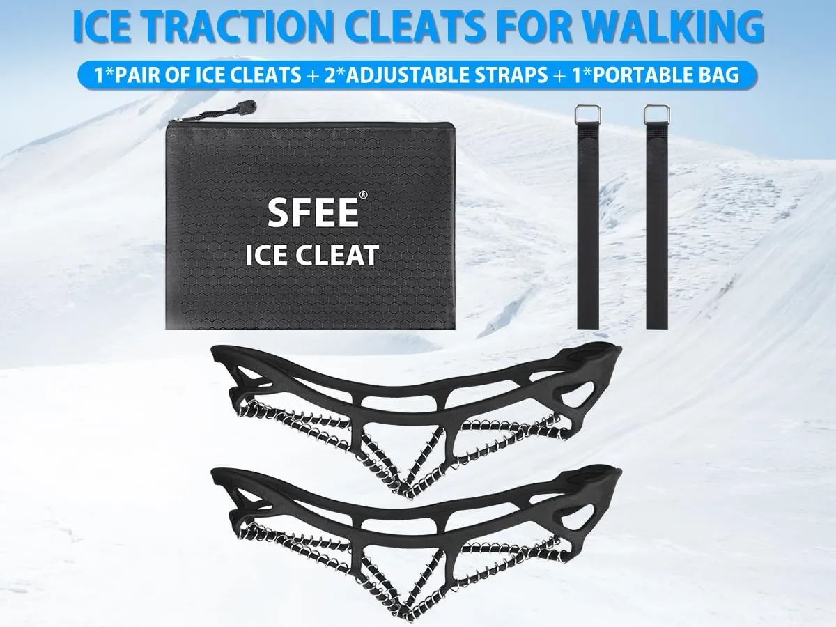Sfee Ice Cleats for Walking on Ice Snow Grips Crampons Traction for Shoes/Boots, Anti-Slip Portable Flexible Footwear for Walking Climbing Hiking Fishing Outdoor Running with 2 Adjustable Straps