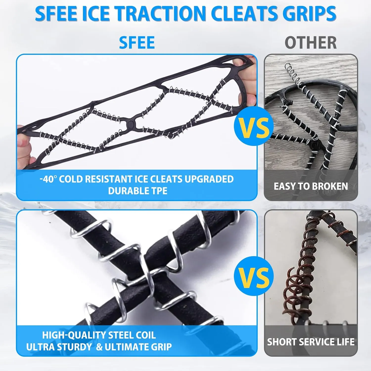 Sfee Ice Cleats for Walking on Ice Snow Grips Crampons Traction for Shoes/Boots, Anti-Slip Portable Flexible Footwear for Walking Climbing Hiking Fishing Outdoor Running with 2 Adjustable Straps