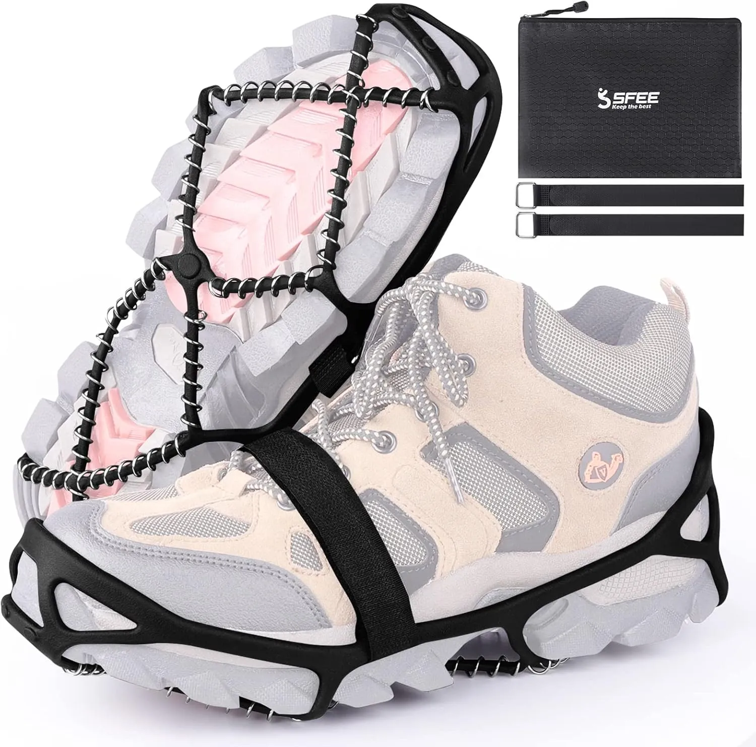 Sfee Ice Cleats for Walking on Ice Snow Grips Crampons Traction for Shoes/Boots, Anti-Slip Portable Flexible Footwear for Walking Climbing Hiking Fishing Outdoor Running with 2 Adjustable Straps
