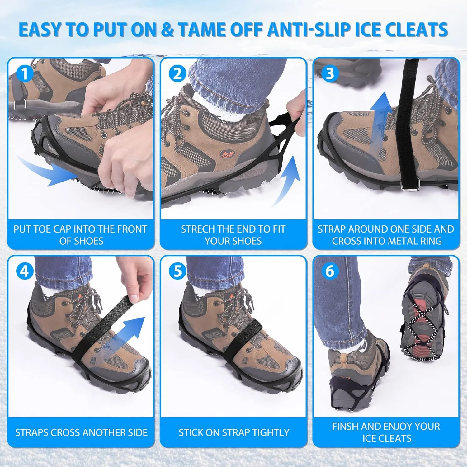 Sfee Ice Cleats for Walking on Ice Snow Grips Crampons Traction for Shoes/Boots, Anti-Slip Portable Flexible Footwear for Walking Climbing Hiking Fishing Outdoor Running with 2 Adjustable Straps