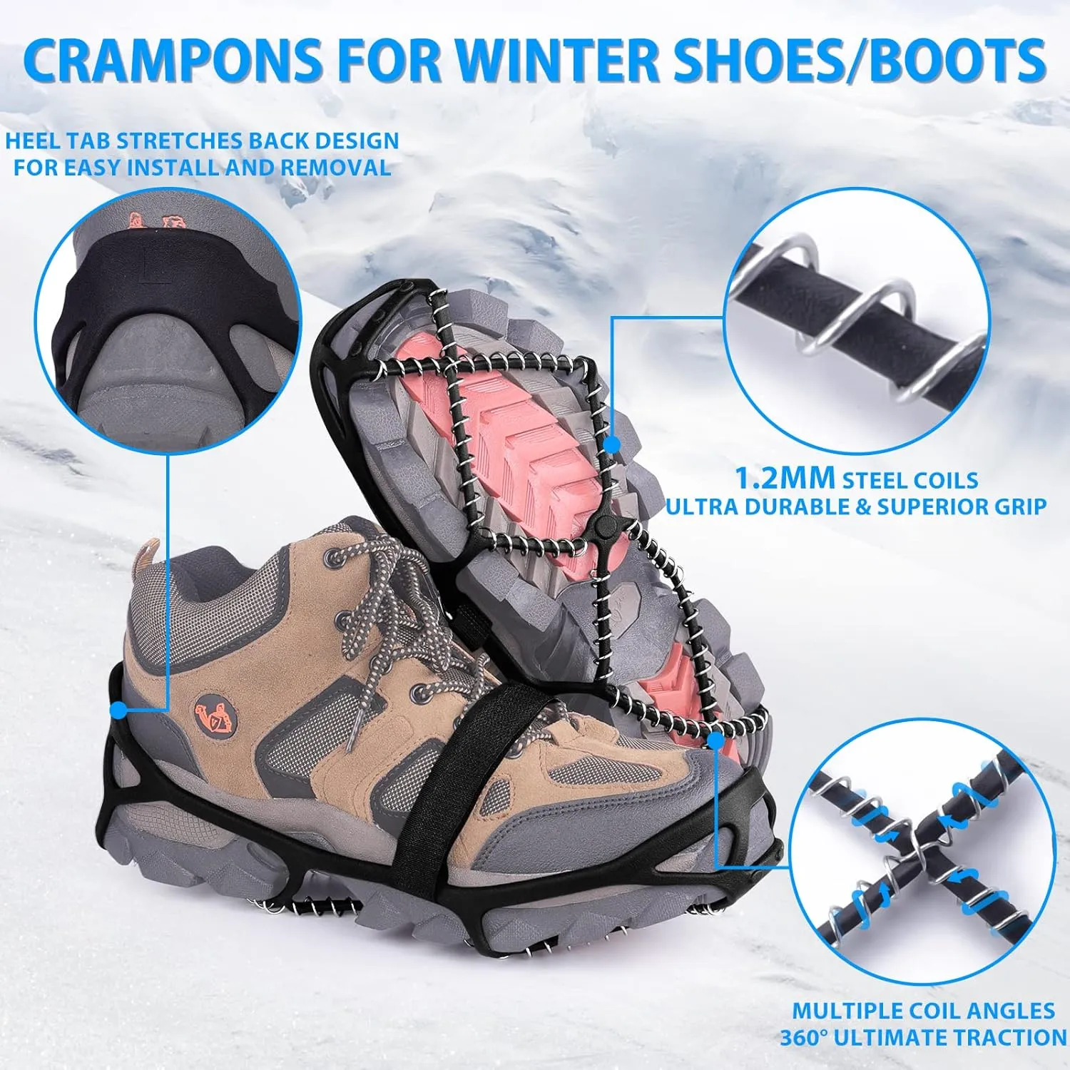 Sfee Ice Cleats for Walking on Ice Snow Grips Crampons Traction for Shoes/Boots, Anti-Slip Portable Flexible Footwear for Walking Climbing Hiking Fishing Outdoor Running with 2 Adjustable Straps