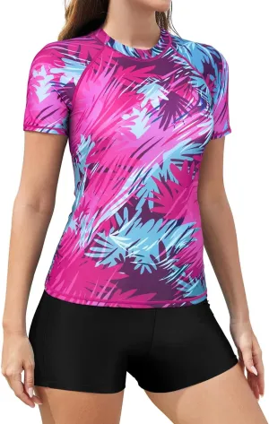 SHEKINI Women's Built in Bra 2 Piece Rash Guard Swimsuits with Short Sleeved Top & Boyshort