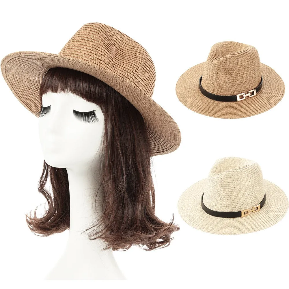 Sidiou Group Unisex Sun Hat Straw Hat Solid Wide Brim Metal Belt Summer Beach Hat