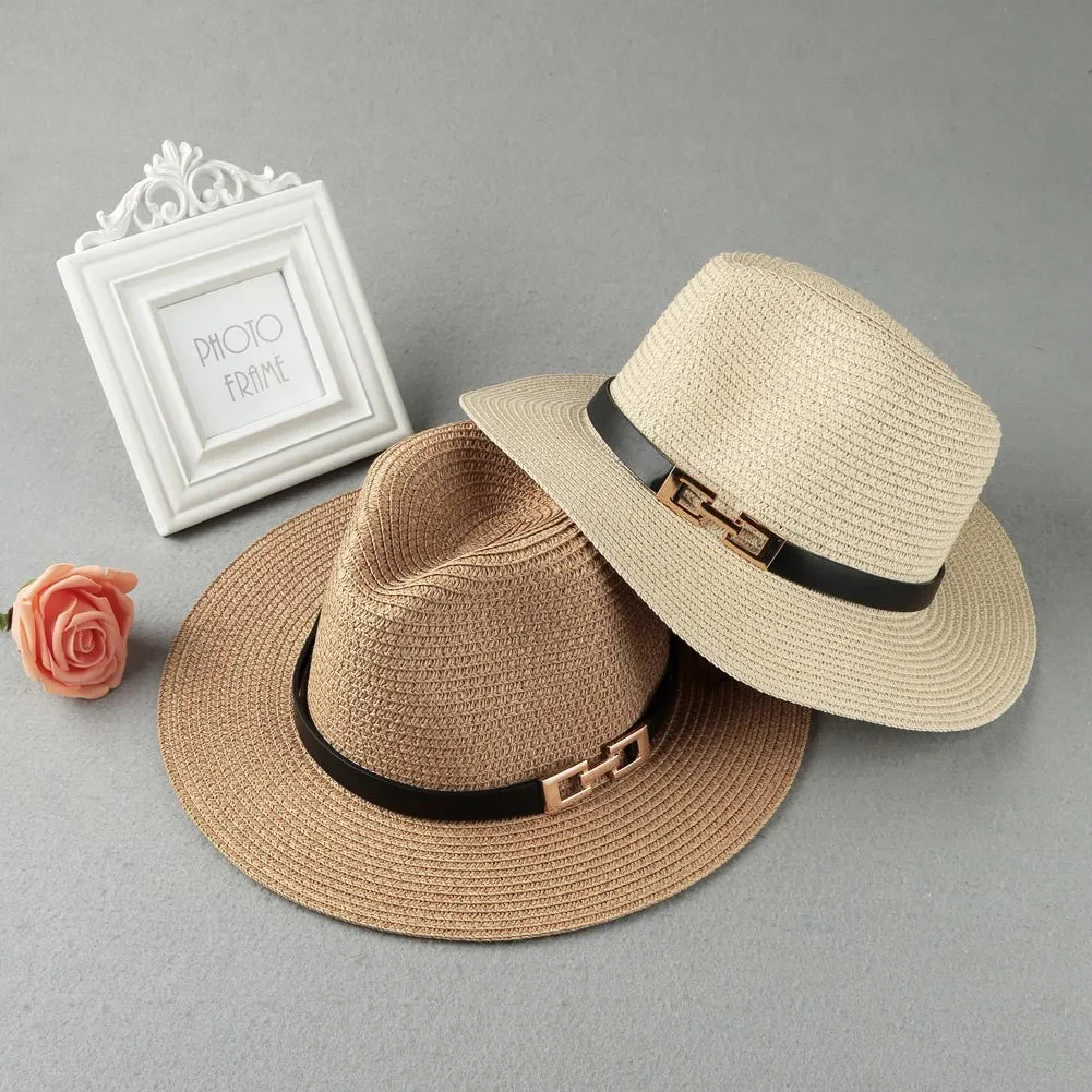 Sidiou Group Unisex Sun Hat Straw Hat Solid Wide Brim Metal Belt Summer Beach Hat