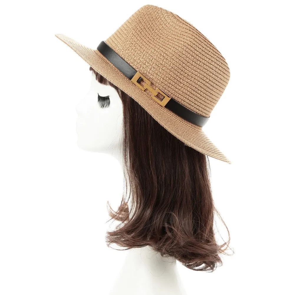 Sidiou Group Unisex Sun Hat Straw Hat Solid Wide Brim Metal Belt Summer Beach Hat