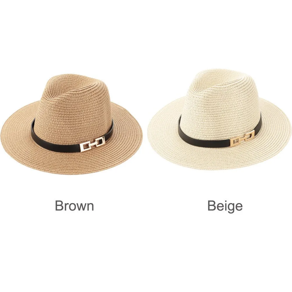 Sidiou Group Unisex Sun Hat Straw Hat Solid Wide Brim Metal Belt Summer Beach Hat