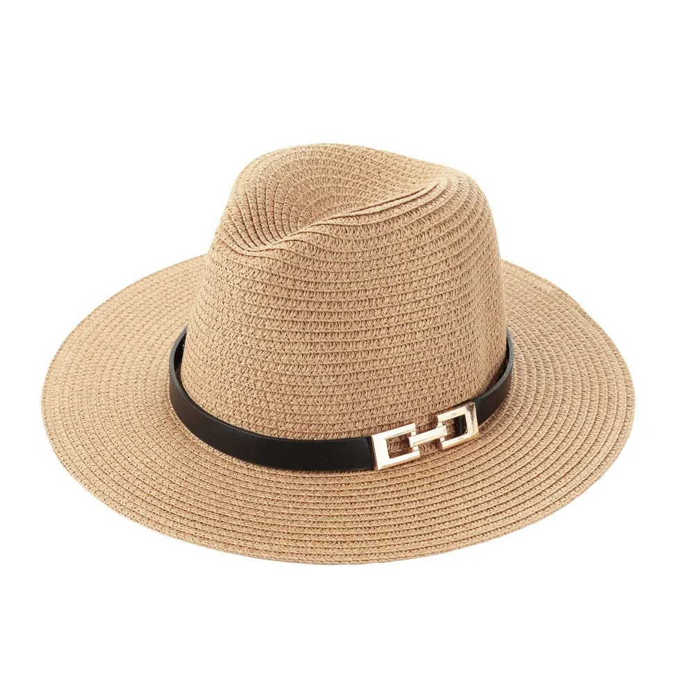 Sidiou Group Unisex Sun Hat Straw Hat Solid Wide Brim Metal Belt Summer Beach Hat