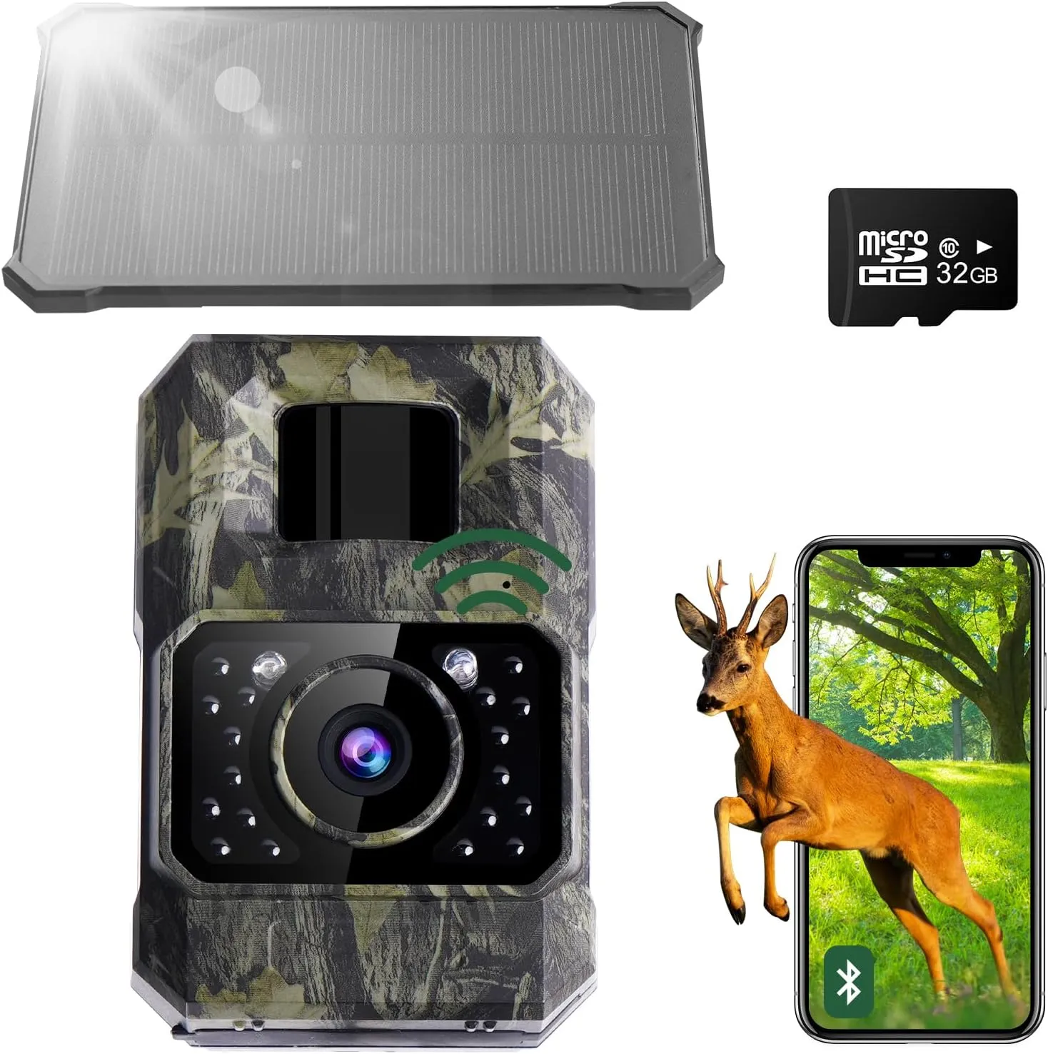 Solar Trail Camera 48MP 30FPS, WiFi Bluetooth Game Camera with Motion Activated 0.2s Trigger, Night Vision Motion Activated IP66 Waterproof for Wildlife Scouting with 32GB Micro SD Card