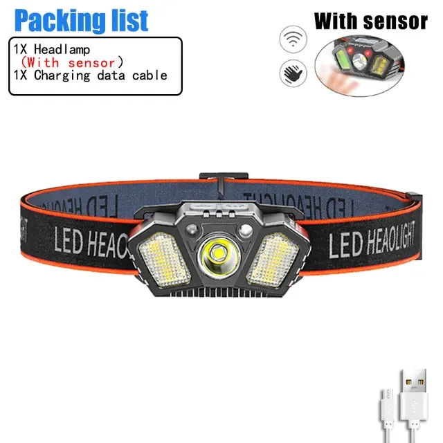 Super Bright LED Sensor Headlamp USB Rechargeable With Red Caution Light 5 Modes Outdoor Fishing Camping Hiking Head Flashlight