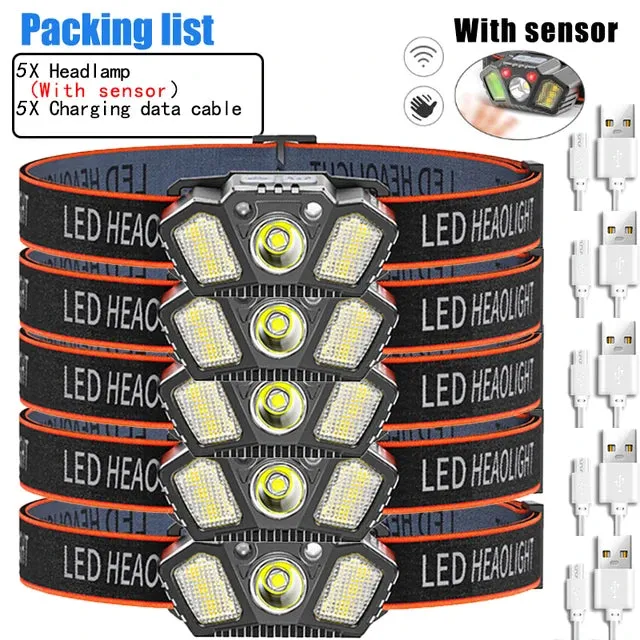 Super Bright LED Sensor Headlamp USB Rechargeable With Red Caution Light 5 Modes Outdoor Fishing Camping Hiking Head Flashlight