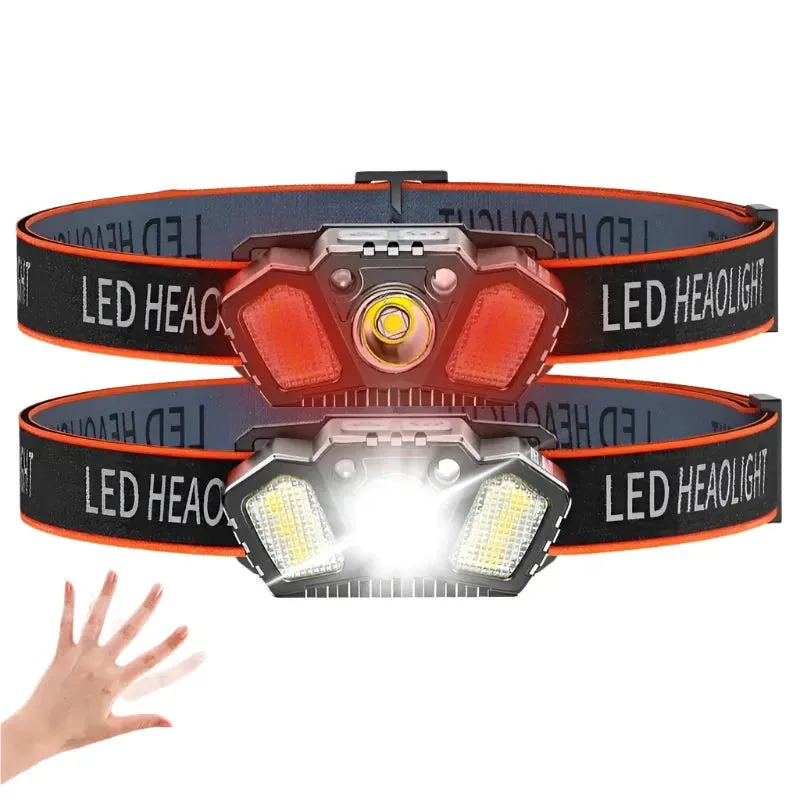 Super Bright LED Sensor Headlamp USB Rechargeable With Red Caution Light 5 Modes Outdoor Fishing Camping Hiking Head Flashlight