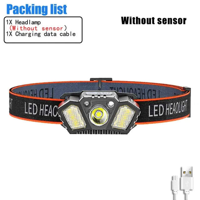 Super Bright LED Sensor Headlamp USB Rechargeable With Red Caution Light 5 Modes Outdoor Fishing Camping Hiking Head Flashlight