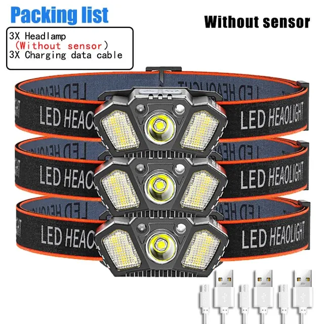 Super Bright LED Sensor Headlamp USB Rechargeable With Red Caution Light 5 Modes Outdoor Fishing Camping Hiking Head Flashlight