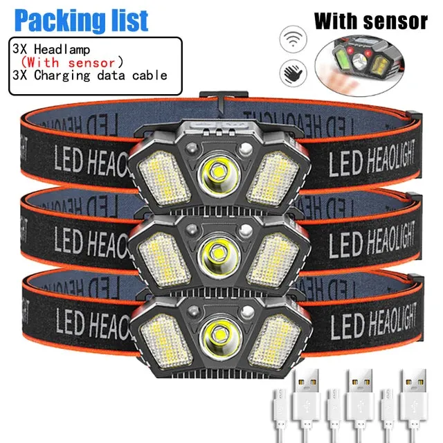 Super Bright LED Sensor Headlamp USB Rechargeable With Red Caution Light 5 Modes Outdoor Fishing Camping Hiking Head Flashlight