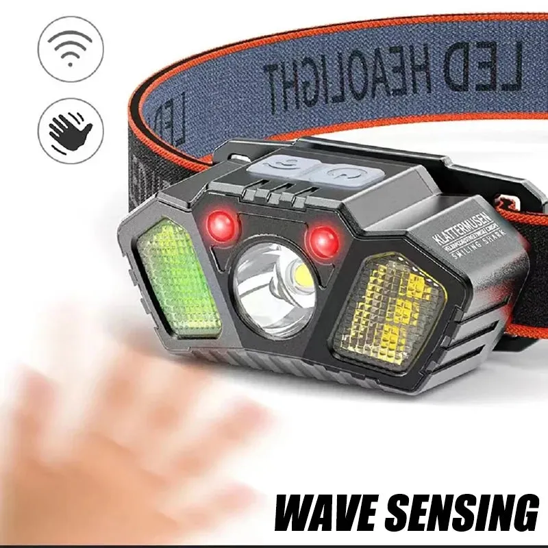 Super Bright LED Sensor Headlamp USB Rechargeable With Red Caution Light 5 Modes Outdoor Fishing Camping Hiking Head Flashlight