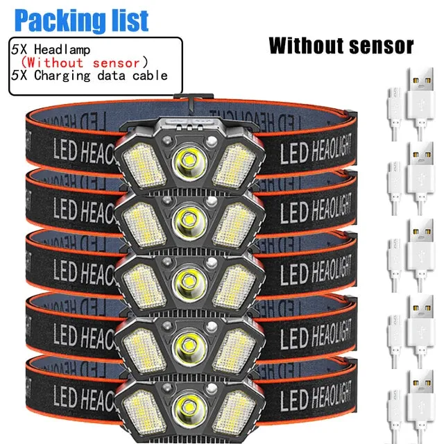 Super Bright LED Sensor Headlamp USB Rechargeable With Red Caution Light 5 Modes Outdoor Fishing Camping Hiking Head Flashlight