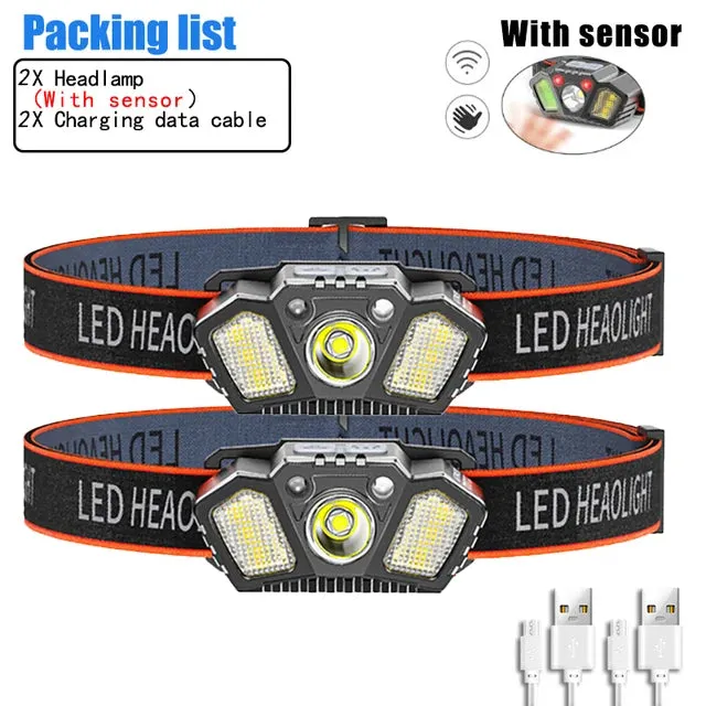 Super Bright LED Sensor Headlamp USB Rechargeable With Red Caution Light 5 Modes Outdoor Fishing Camping Hiking Head Flashlight