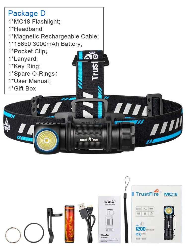 Trustfire MC18 LED Headlamp 1200lm 18650 Magnetic Rechargeable Headlight Flashlight with Power Indicator Magnet Tail for Fishing
